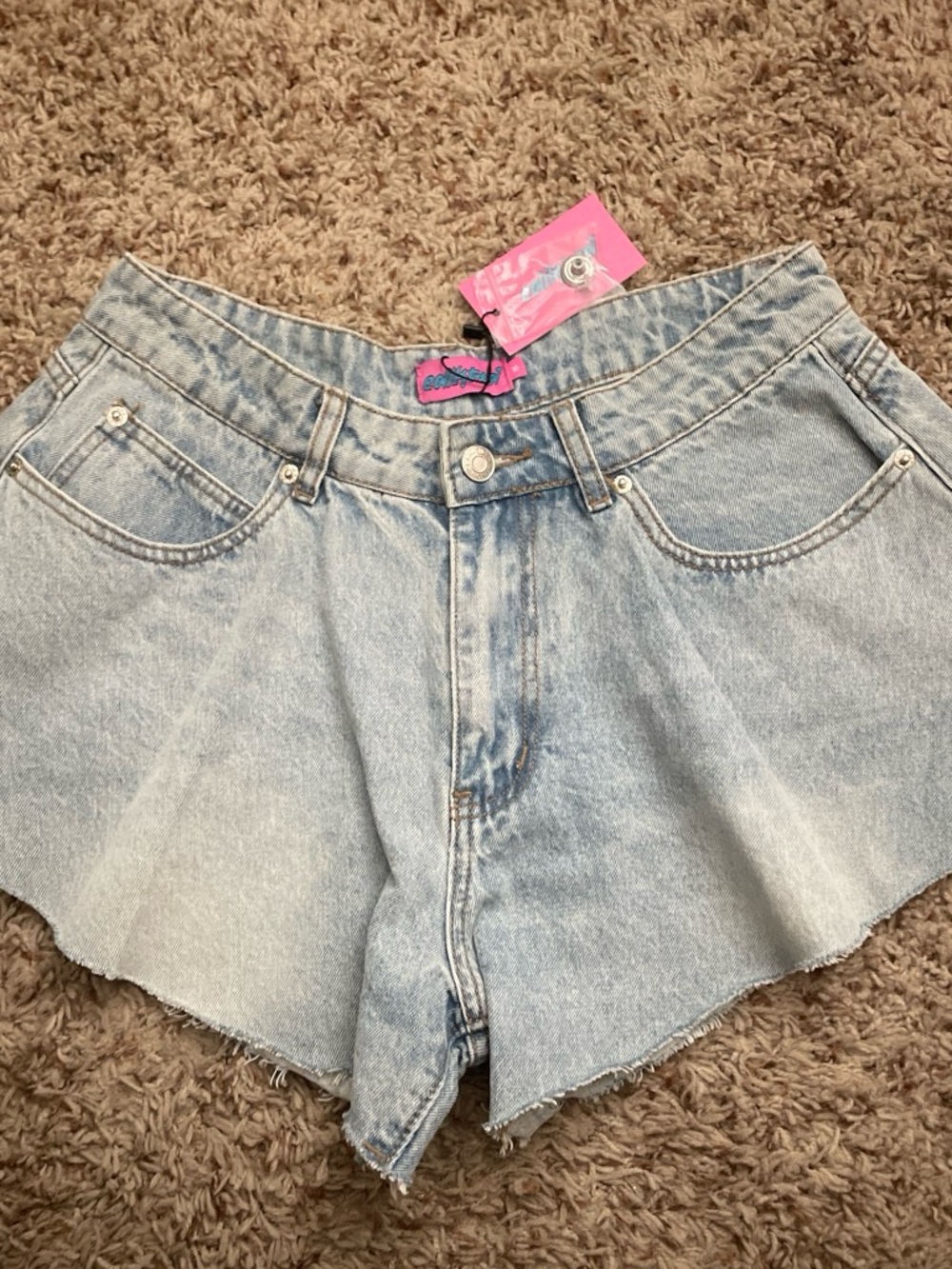 Edikted Flare Light Blue Washed Denim Shorts - Picture 1 of 2